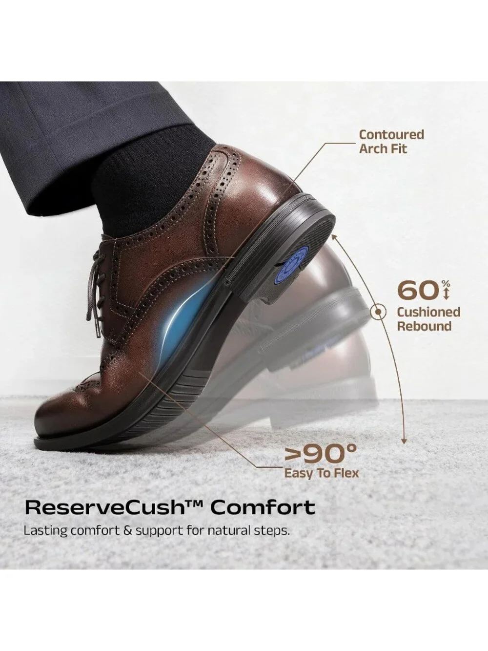 Men's Brown Leather Wingtip Brogue Cushioned Dress Comfort Fit Oxford Shoes